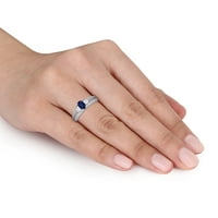 Miabella Kadın Karat Mavi Safir Karat Pırlanta 14kt Beyaz Altın 3 Taşlı Nişan Yüzüğü